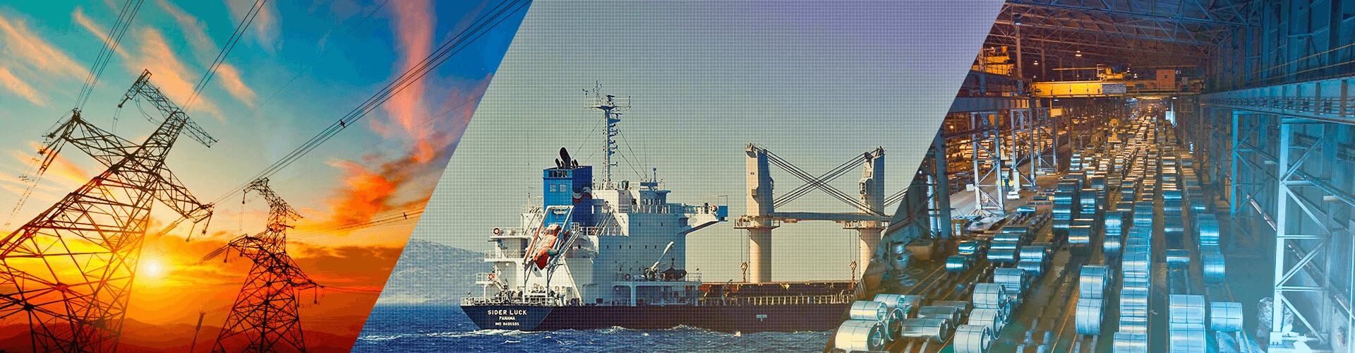 Imagem de linhas de transmissão de energia, de um navio e de uma linha de montagem.